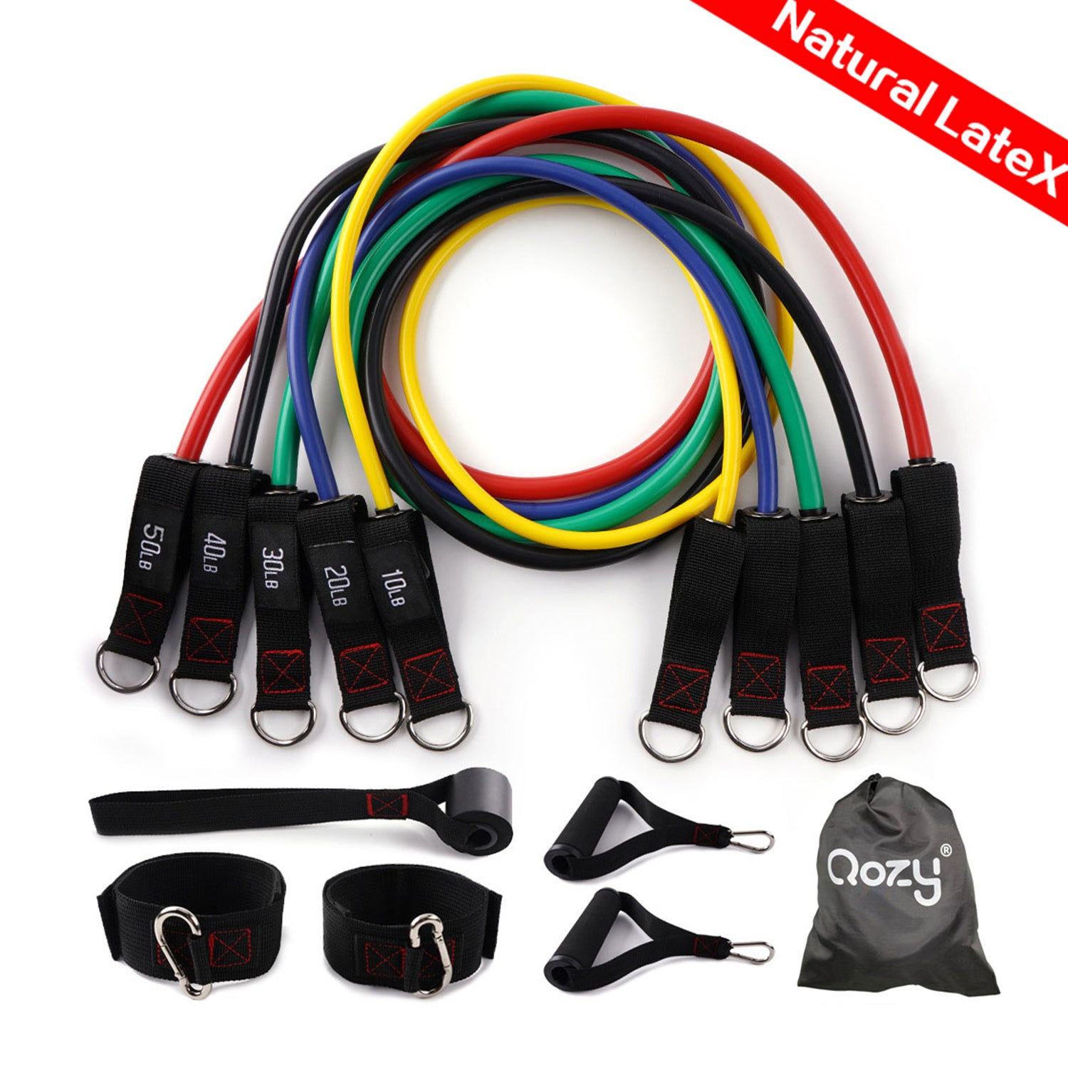 QOZY Latex Resistance Bands Set 11pcs | Workout Exercise Bands with Door Anchor, Handles | Stackable Up to 150lbs 68kgs | Muscle Training Tubes,Legs Ankle Straps, for Home Therapy,Fitness,Gym
