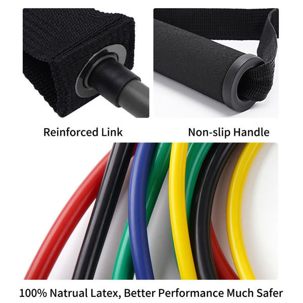 QOZY Latex Resistance Bands Set 11pcs | Workout Exercise Bands with Door Anchor, Handles | Stackable Up to 150lbs 68kgs | Muscle Training Tubes,Legs Ankle Straps, for Home Therapy,Fitness,Gym