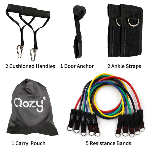QOZY Latex Resistance Bands Set 11pcs | Workout Exercise Bands with Door Anchor, Handles | Stackable Up to 150lbs 68kgs | Muscle Training Tubes,Legs Ankle Straps, for Home Therapy,Fitness,Gym